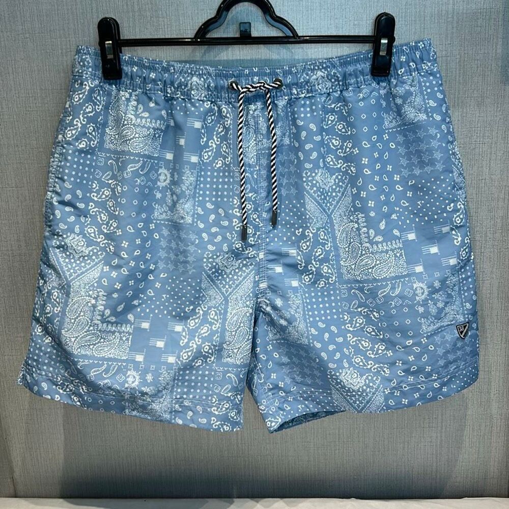 Cremieux Mens Swim Trunks Shorts Blue Bandana Paisley Patchwork Print Sz L 5" In